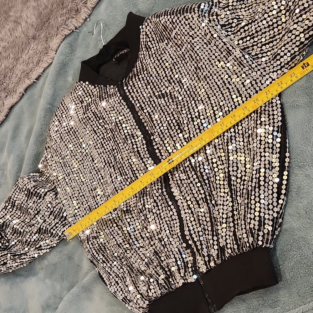 Super Chic And Fun Equations Silver Sequin Bomber… - image 6